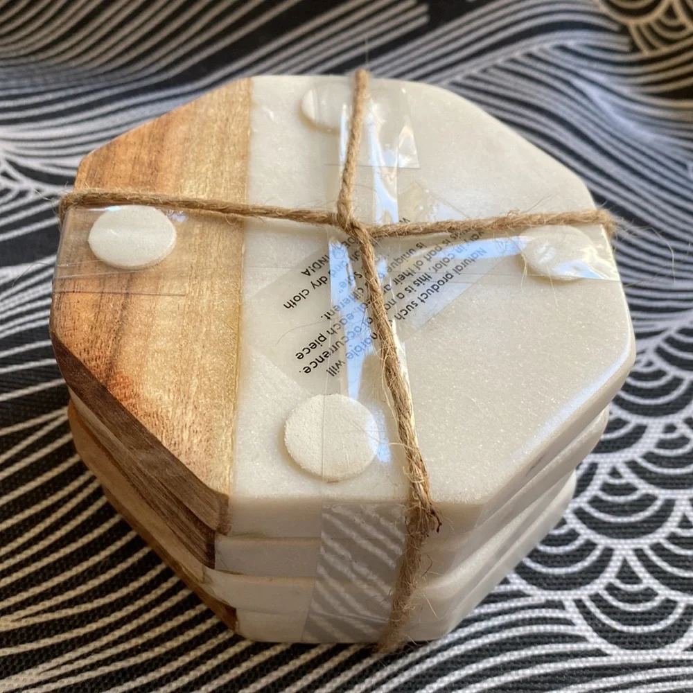 NWT - Gorgeous Octagon Coasters - marble & wood w/ metal accent